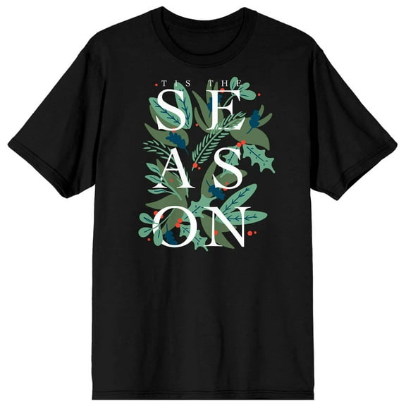 Christmas Card Tis The Season Festive Foliage Crew Neck Short Sleeve Black Adult T-shirt