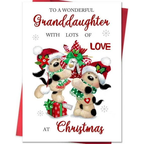 Christmas Card for Granddaughter – Adorable Dogs with Gifts Design – Perfect Holiday Greeting – Blank Inside for Personal Messages