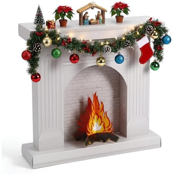 Christmas Cardboard Fireplace Prop DIY Large White Cardboard Fireplace with 3D Fake Fire Campfire Centerpiece Stand up for Christmas Party Backdrop Background Decor 34.7 x 35.4 Inches