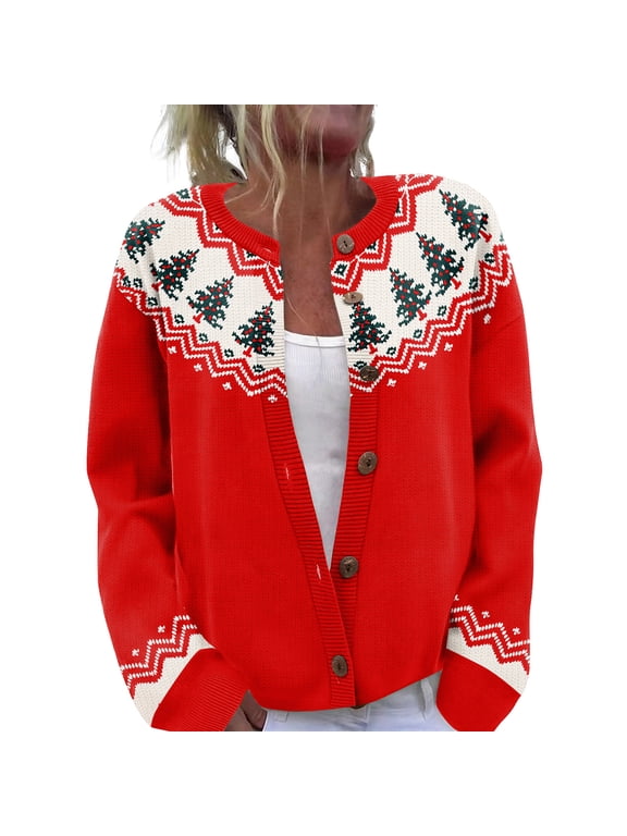 Christmas Cardigan, Christmas Tree Stripe Print Button Front Long Sleeve Holiday Sweater for Festive Parties