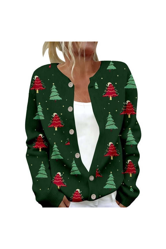 Christmas Cardigan For Women Funny Tree Print Button Long Sleeve Casual Graphic Knitted Sweater Xmas Sweater Coat for Fall and Winter