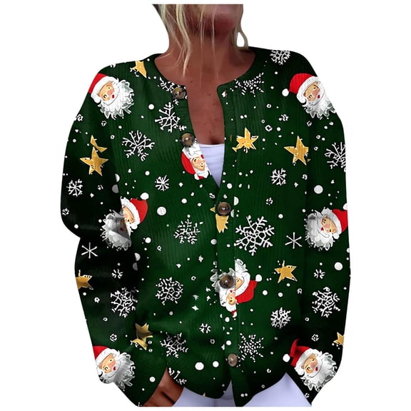 Christmas Cardigan For Women Santa Claus Snowflake Print Long Sleeve Button Knitted Sweater Lightweight Xmas Party Knit Outfits