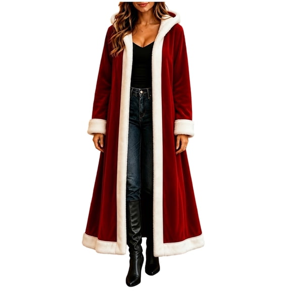 Christmas Cardigan Jacket for Women Hoodies Winter Long Sleeeve Velvet Fur Trim Warm Long Coat Mrs Claus Robe Costume Red L