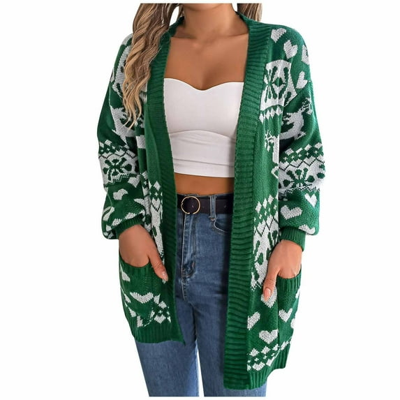 Christmas Cardigan Sweater for Women Knitted Soft Open Front Loose Casual Xmas Lightweight Outerwear with Pockets
