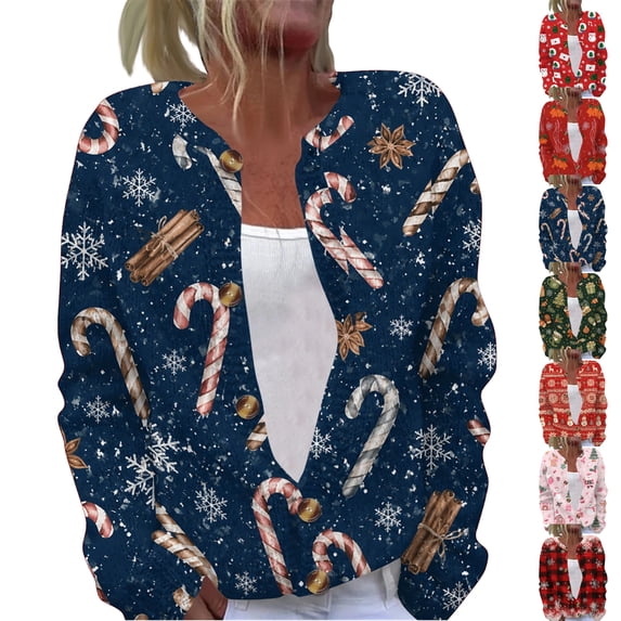 Christmas Cardigan Sweaters for Women Oversized Casual Funny Snowflake Candy Graphic Button Down Cable Knit Cardigan Open Front Long Sleeve Soft Trendy Fall Women's Sweaters Navy S