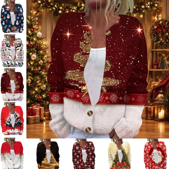 Christmas Cardigan Sweaters for Women Oversized Casual Shiny Xmas Tree Print Lightweight Button Down Cable Knit Cardigan Open Front Long Sleeve Soft Trendy Fall Women's Sweaters Wine 3XL