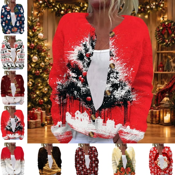 Christmas Cardigan Sweaters for Women Oversized Casual Xmas Tree Snowflake Print Lightweight Button Knit Cardigan Sweater Open Front Long Sleeve Cozy Trendy Fall Women's Sweaters Vermilion 5XL