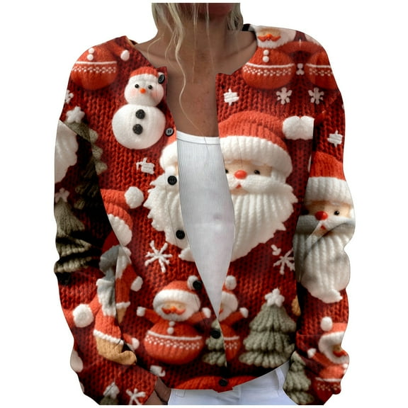 Christmas Cardigan Sweaters for Women Plus Size Button Down Lightweight Knit Sweater Jacket Winter Long Sleeve Xmas Open Front Holiday Christmas Sweater YK Red XXXL