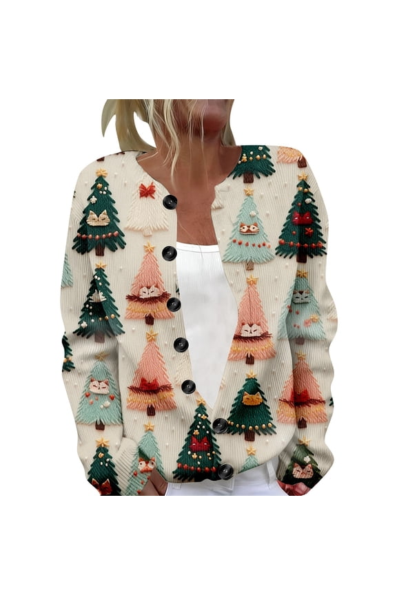 Christmas Cardigan Sweaters for Women Plus Size Long Sleeve Button Down Fall Knit Sweater Jacket Christmas Tree Graphic Winter Xmas Open Front Holiday Christmas Sweaters Green S