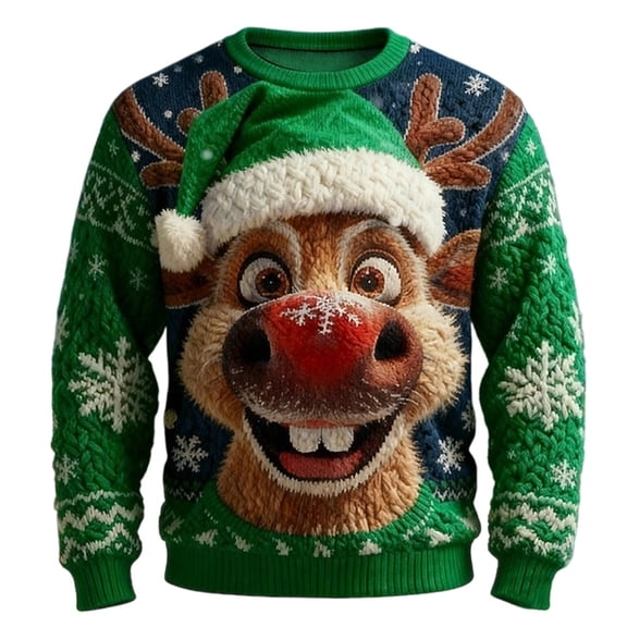 Christmas Cardigan Sweaters for Men Round Neck Long Sleeve Christmas Reindeer Print Mens Holiday Clothing,Green,L