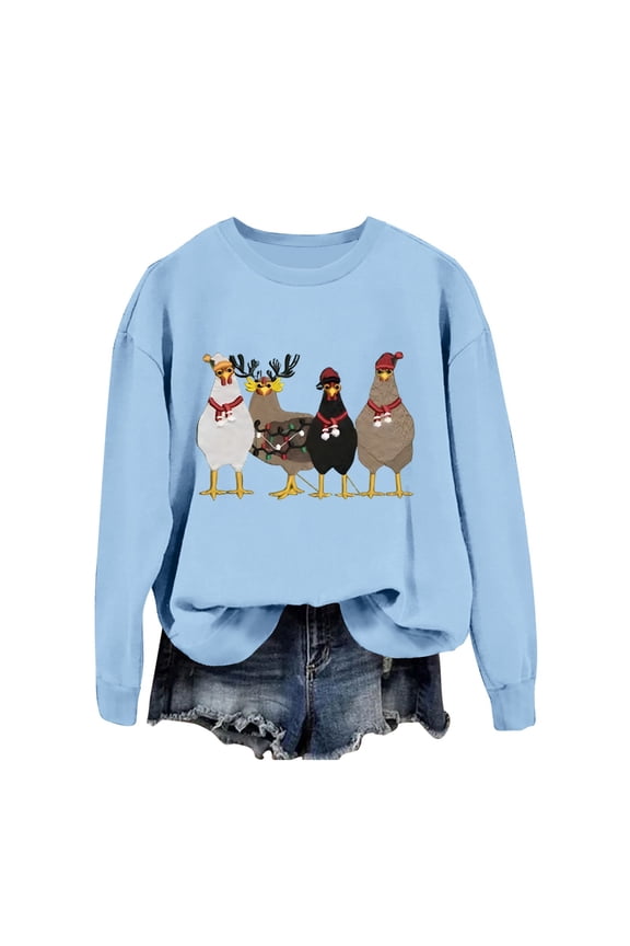 Christmas Cardigan Sweaters for Women Funny Christmas Chick Farm Animal Print Womens Holiday Clothing,Sky Blue,L