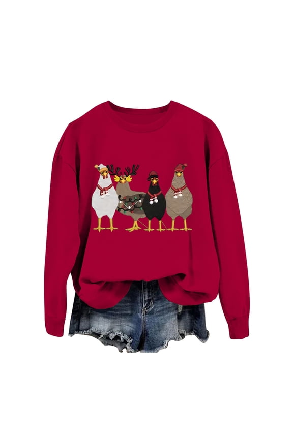 Christmas Cardigan Sweaters for Women Funny Christmas Chick Farm Animal Print Womens Warm Clothing,Red,S