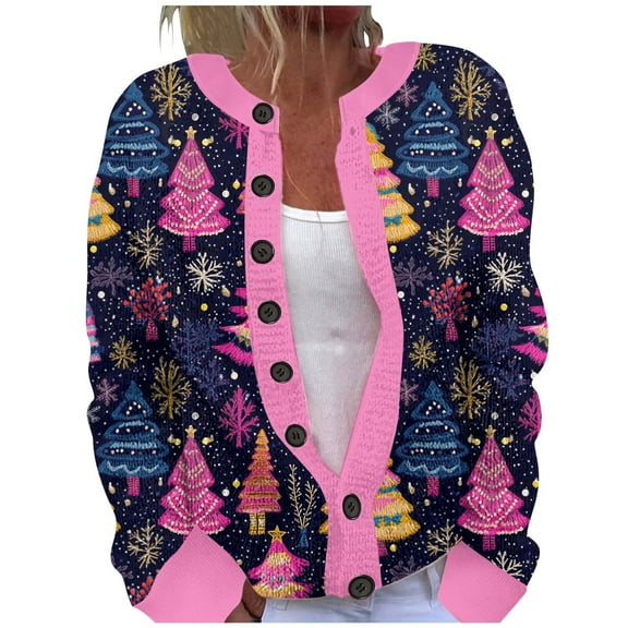 Christmas Cardigan Women Color Block Tree Print Button Up Knitted Sweater Long Sleeve Plus Size Festival Knit Outwears