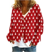 NHTHY Christmas Cardigan for Women Long Sleeve Jacket Front Open Xmas Gift Shirts Nativity Scene Graphic Jacket Fashion Sweater Oversize Outerwear 2025 Red L
