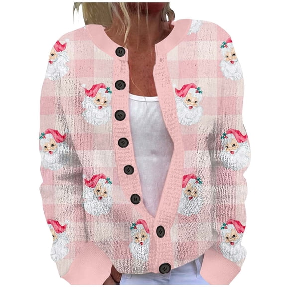 Christmas Cardigan Women Santa Claus Plaid Print Button Up Knitted Sweater Long Sleeve Fall Clothes 2025 Xmas Party