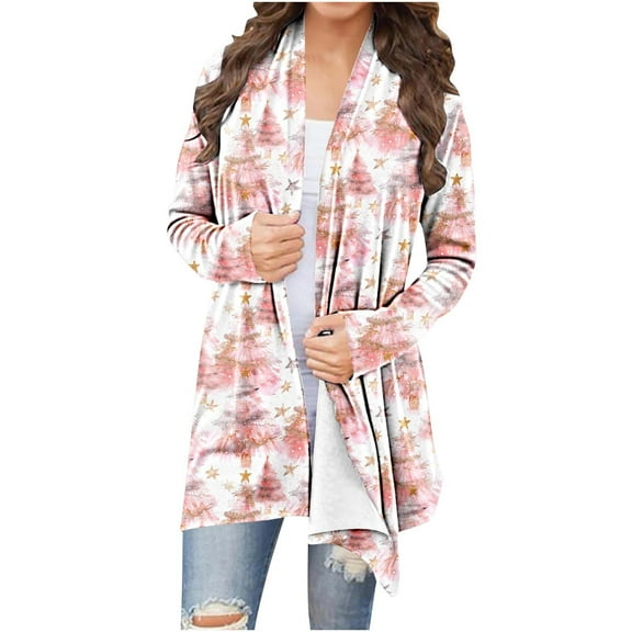 Christmas Cardigan Women Xmas Tree Plaid Shirt Knitting Long Sleeve Cardigans Open Front Holiday Casual Jacket Winter Reindeer Print Outerwear Sweaters Coat Holiday Top