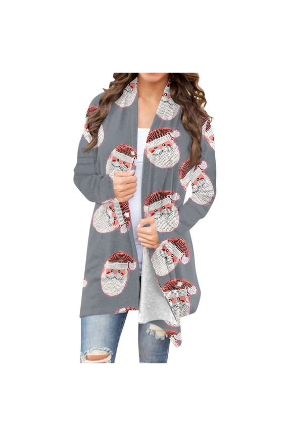 Christmas Cardigan for Women Xmas Santa Long Sleeve Loose Fit Ugly Sweater Open Front Fall Kimono Vacation Clothes