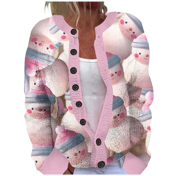 Christmas Cardigans Women Trendy Snowman Print Color Block Knitted Sweater Long Sleeve Button Up Xmas Festival Lightweight Sweaters