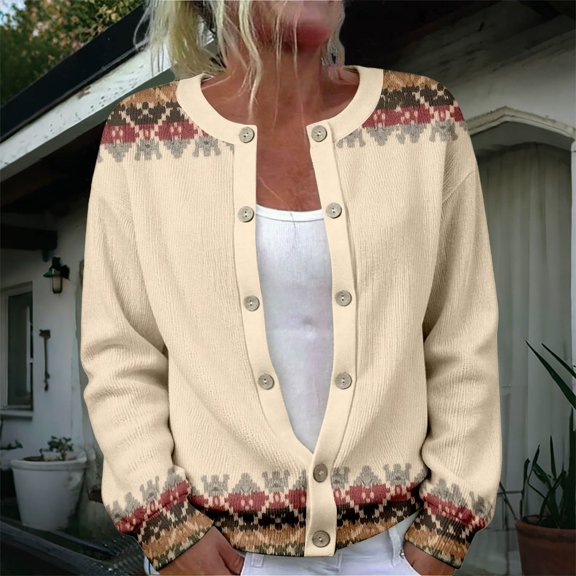 Christmas Cardigans for Women Button Up Faux Sweater Xmas Print Cardigan Outerwear (Beige M)
