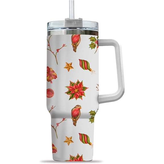 Christmas Cardinal 40 Oz Tumbler With Handle - Stainless Steel Travel Coffee Cup - Christmas Party Supplies for Christmas Party Coffee Tea Hot Chocolate - Christmas Tumbler Gifts for Women
