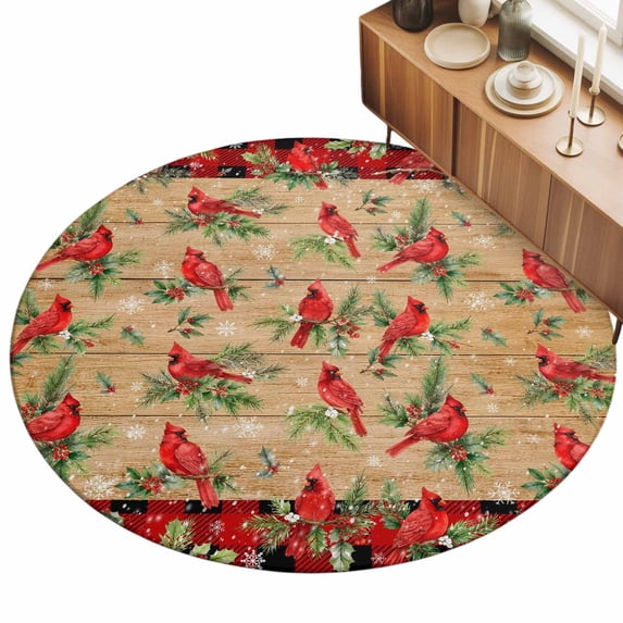 Christmas Cardinal Area Rug 8', Rustic Holly Leaves Berries Wood Plank ...