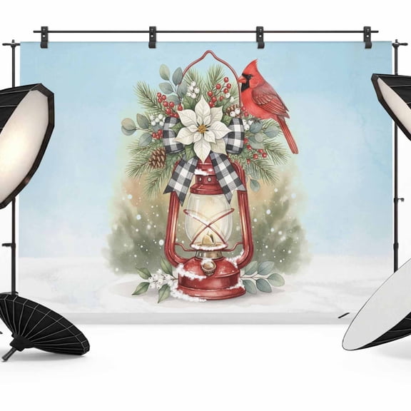 Christmas Cardinal Backdrop for Photography,Fabric Photo Background Backdrop,Winter Xmas Poinsettia Berry Sky Blue Photo Booth Background for Portrait Photoshoot Video Wedding Studio Banner 7x5ft