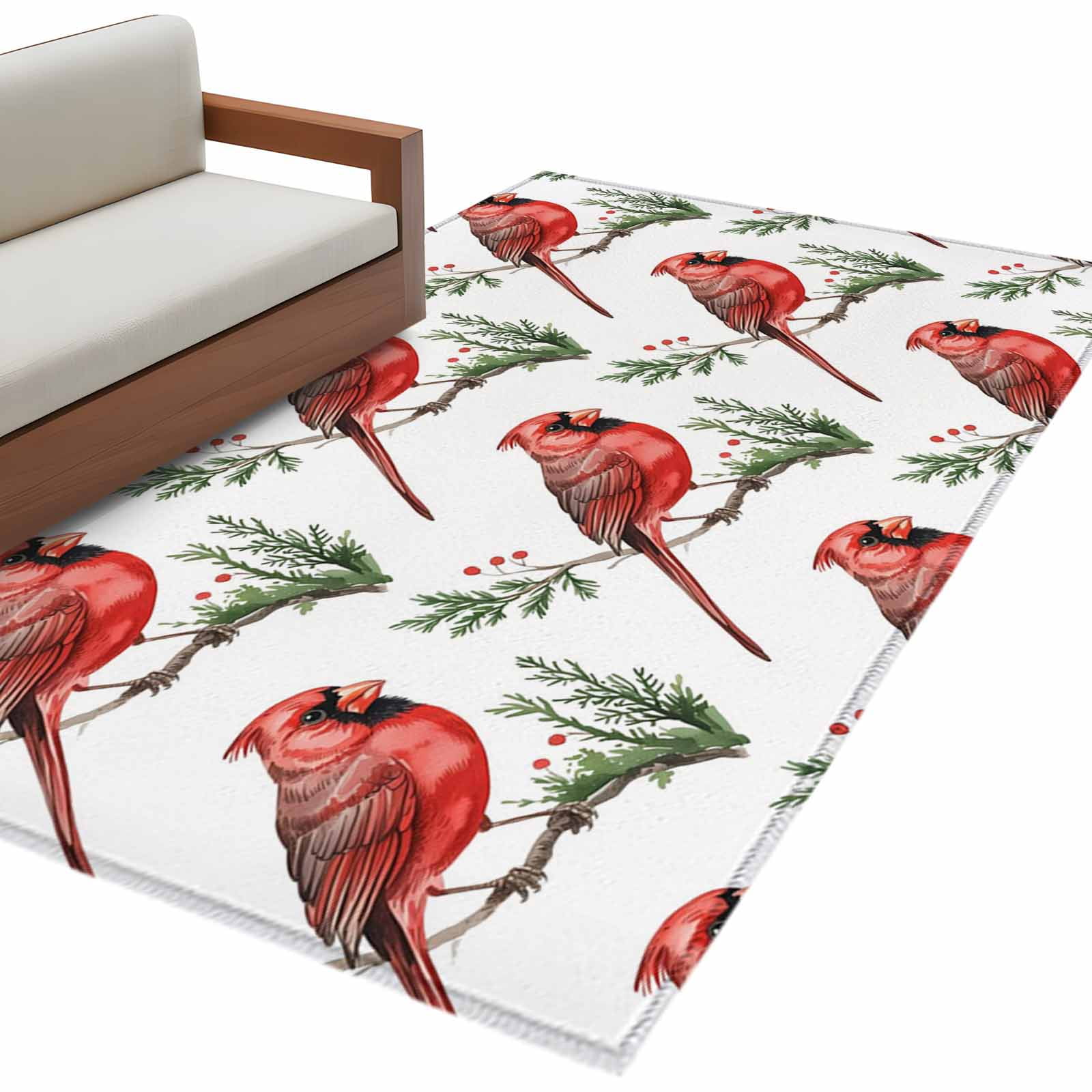 Christmas Cardinal Bird Area Rug 3x5ft Red Bird Pine Leaves Farmhouse ...