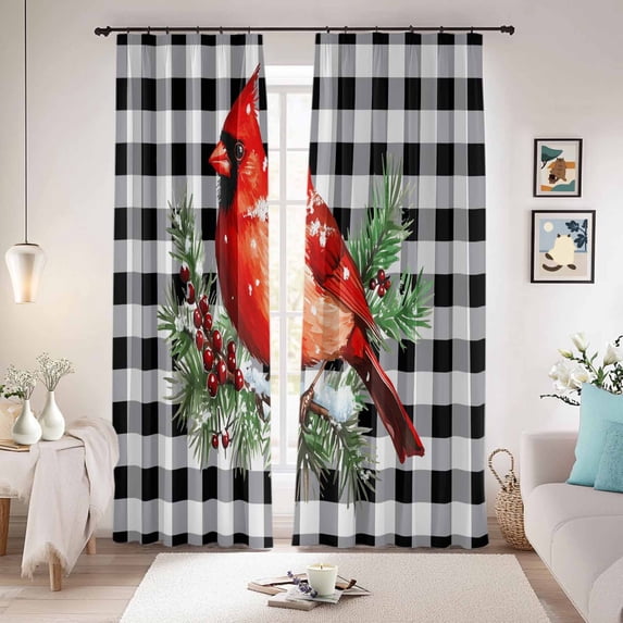 Christmas Cardinal Bird Blackout Curtains for Bedroom/Living Room, Pinch Pleated Black Out Curtains, White Black Plaid Pine Branch Snow Room Darkening Window Drapes with Hooks 2 Panels, 39"x70"
