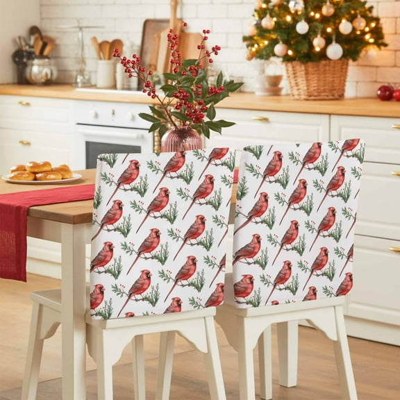 Christmas Cardinal Bird Chair Covers Set of 6 Red Bird Pine Leaves Farmhouse Chair Back Covers Stretch Removable Washable Slipcovers Protector for Dining Room Kitchen Party Decor