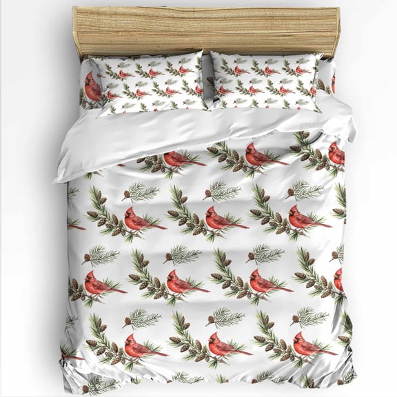 Christmas Cardinal Bird King Size Comforter Set, Winter Birds Pine Cone Pine Needles Soft Bedding for All Seasons, 4 Pcs Bed Set with 1Comforter (90"x106") ,1 Sheet(94"x116"), 2 Pillowcases (19"x35")