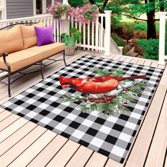 Christmas Cardinal Bird Outdoor Rug 3x5 Ft, Non Slip Washable Area Rug, White Black Plaid Pine Branch Snow Patio Rugs Carpet Runner, Large Floor Mat for Indoor/Outdoor Deck Porch Camping
