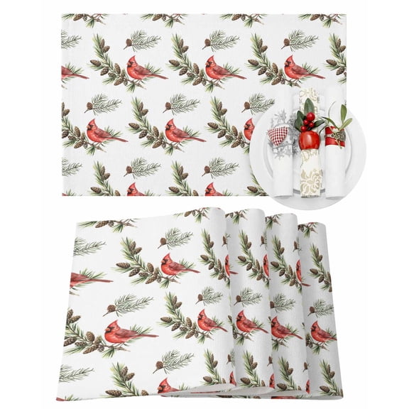 Christmas Cardinal Bird Placemats Set of 1 Winter Birds Pine Cone Pine Needles Heat Insulation Washable Place Mats, Rustic Non-Slip Table Mats for Dining Table Party Kitchen Decor,13x19 Inch