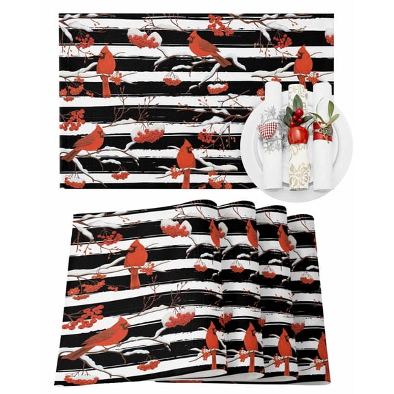 Christmas Cardinal Bird Placemats Set of 12 Winter Red Birds Black White Strips Heat Insulation Washable Place Mats, Rustic Non-Slip Table Mats for Dining Table Party Kitchen Decor,13x19 Inch