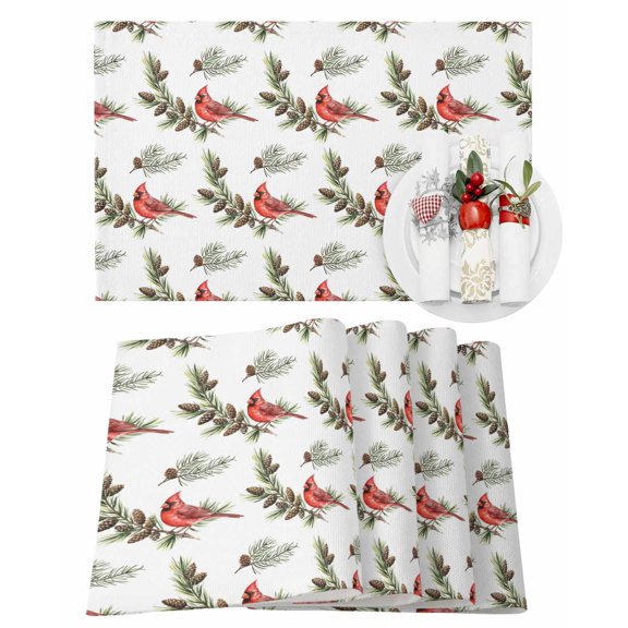 Christmas Cardinal Bird Placemats Set of 2 Winter Birds Pine Cone Pine Needles Heat Insulation Washable Place Mats, Rustic Non-Slip Table Mats for Dining Table Party Kitchen Decor,13x19 Inch