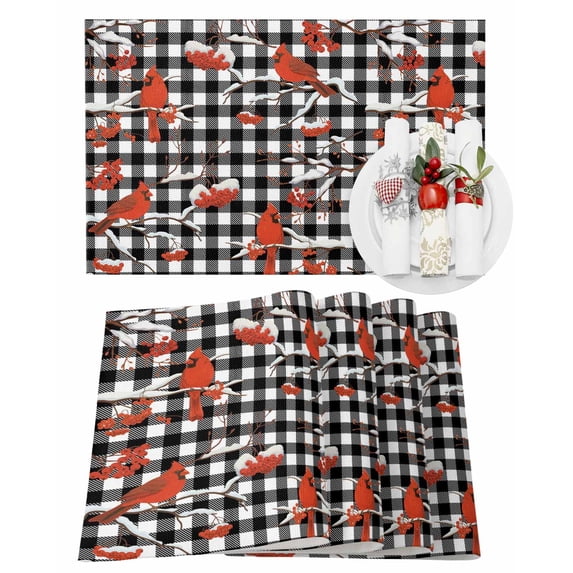 Christmas Cardinal Bird Placemats Set of 2 Winter Red Birds Black White Plaid Heat Insulation Washable Place Mats, Rustic Non-Slip Table Mats for Dining Table Party Kitchen Decor,13x19 Inch