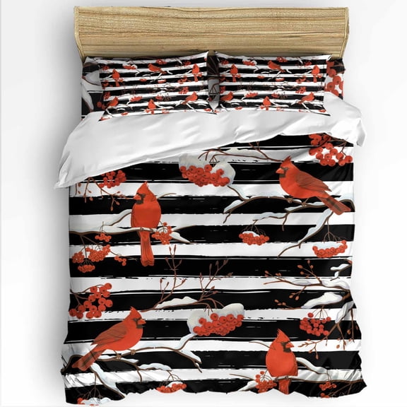 Christmas Cardinal Bird Queen Size Comforter Set, Winter Red Birds Black White Strips Soft Bedding for All Seasons, 4 Pcs Bed Set with 1Comforter (90"x92") ,1 Sheet(94"x116"), 2 Pillowcases (19"x29")