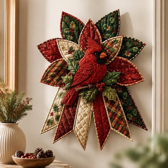 Christmas Cardinal Bird Quilted Wreath DIY Set, Fabric Patchwork Craft Kit, Hand‑Stitch Material Pack for Seasonal Front Door & Wall Hanging Ornament