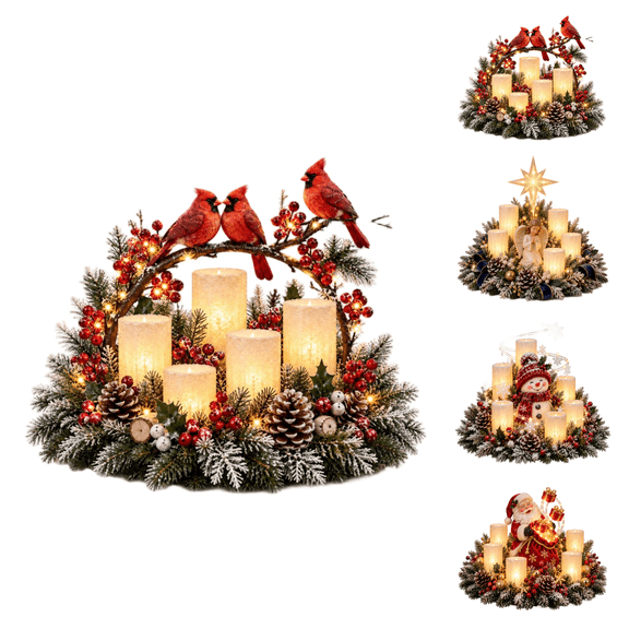 Christmas Cardinal Bird Resin Centerpiece with LED Flameless Candles, Frosted Pine Wreath Red Cardinal Tabletop Decor, Xmas Mantel Dining Table Holiday Decoration