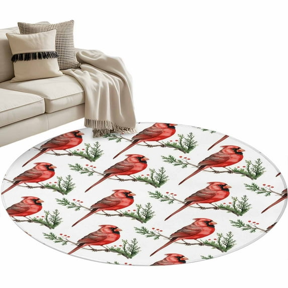 Christmas Cardinal Bird Round Area Rug 3ft Red Bird Pine Leaves Farmhouse Non-Slip Washable Circle Rugs Soft Felt Indoor Floor Mat for Bedroom Kitchen Living Room Bathroom