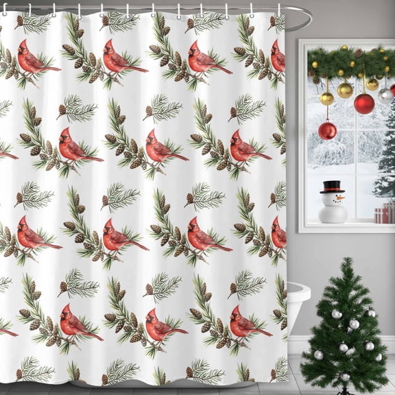 Christmas Cardinal Bird Shower Curtains for Bathroom, Winter Birds Pine Cone Pine Needles Waterproof Fabric Shower Curtain for Bathroom Bathtub Decoration, Machine Washable, 36"x72"