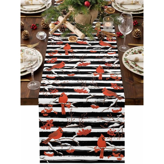 Christmas Cardinal Bird Table Runner 48 Inches Long, Winter Red Birds Black White Strips Cotton Linen Dining Table Runner Dresser Scarves for Home Kitchen Party Decor 13"x48"