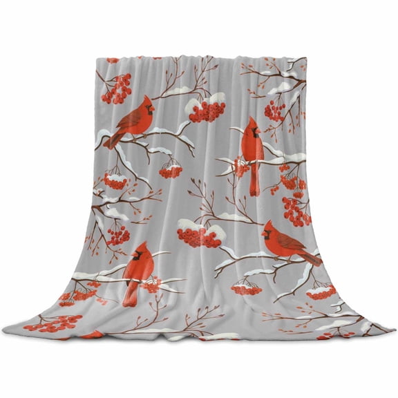 Christmas Cardinal Bird Throw Flannel Blanket 32x48In Winter Red Birds Gray Super Soft Cozy Bed Blanket, Lightweight Plush Fuzzy Bed Throw for Bedroom Sofa Couch Living Room