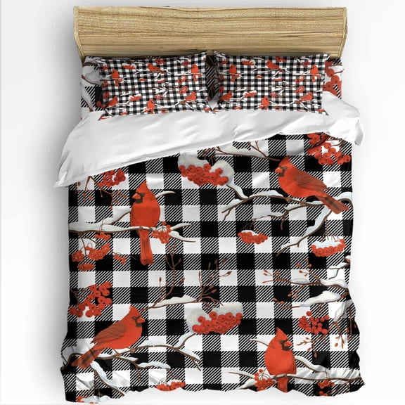 Christmas Cardinal Bird Twin Size Comforter Set, Winter Red Birds Black White Plaid Soft Bedding for All Seasons, 4 Pcs Bed Set with 1 Comforter (68"x86") ,1Sheet(66"x116"), 2 Pillowcases (19"x29")