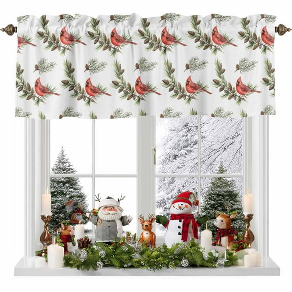 Christmas Cardinal Bird Valances for Windows, 42 x 18in, Winter Birds Pine Cone Pine Needles Rod Pocket Kitchen Valance Curtain Light Filtering Window Treatments for Living Room Bedroom, 1 Panel