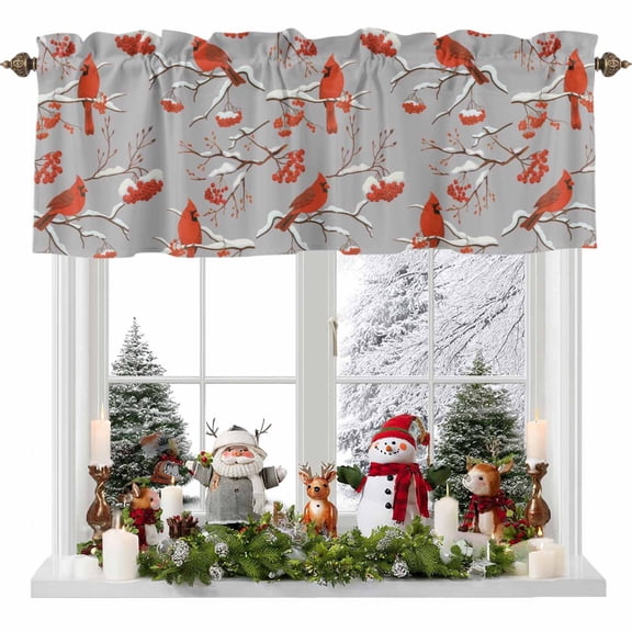 Christmas Cardinal Bird Valances for Windows, 42 x 18in, Winter Red Birds Gray Rod Pocket Kitchen Valance Curtain Light Filtering Window Treatments for Living Room Bedroom, 1 Panel