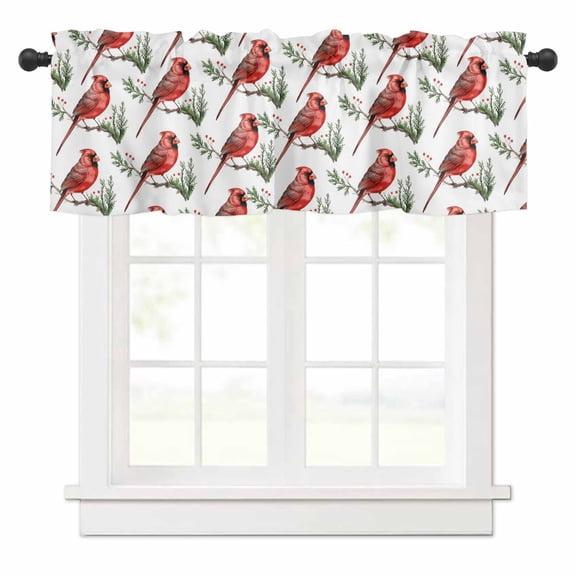 Christmas Cardinal Bird Valances for Windows Red Bird Pine Leaves Farmhouse Rod Pocket Curtain Valance Window Treatment Short Curtains for Kitchen Living Room, 42"x12"
