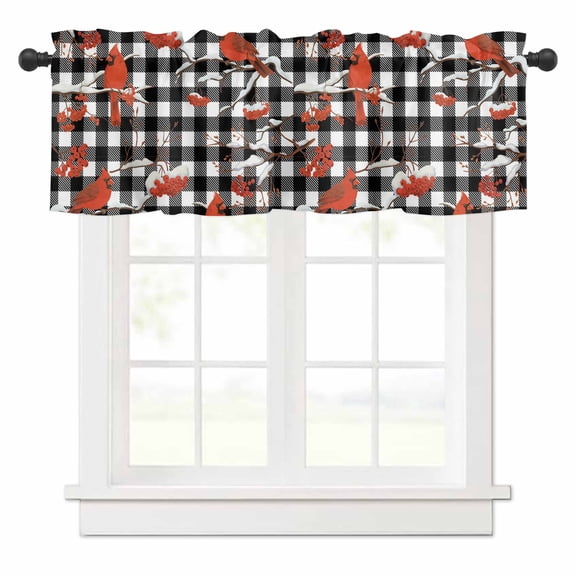 Christmas Cardinal Bird Valances for Windows Winter Red Birds Black White Plaid Rod Pocket Curtain Valance Window Treatment Short Curtains for Kitchen Living Room, 54"x18"