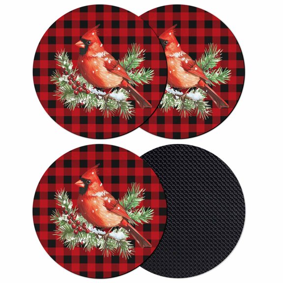 Christmas Cardinal Birds Coasters Set of 4, Absorbent Coasters for Drinks, Buffalo Checker Xmas Pine Tree Coaster for Desk Coffee Table Protection, Home Decor House Warming Gifts 4"
