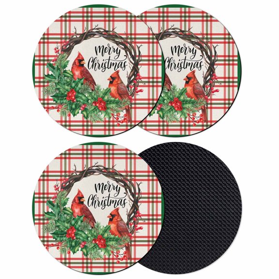 Christmas Cardinal Birds Coasters Set of 4, Absorbent Coasters for Drinks, Xmas Holly Leaves Branch Green Red Plaid Coaster for Desk Coffee Table Protection, Home Decor House Warming Gifts 4"