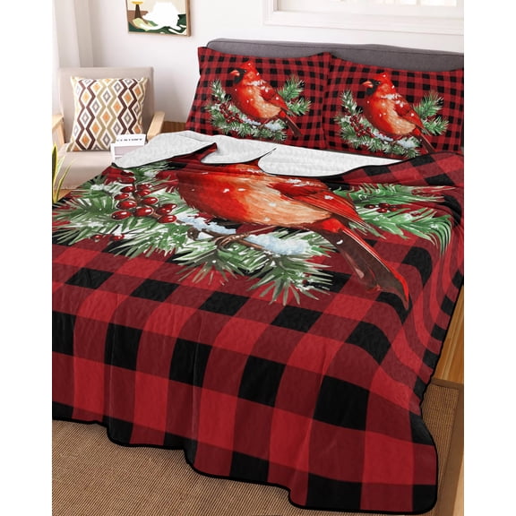 Christmas Cardinal Birds King Size Down Alternative Comforter, Lightweight Comforter Quilt Bedding Set with Pillow Shams Buffalo Checker Xmas Pine Tree All Seasons Bed Comforter Duvet Insert 96"x106"